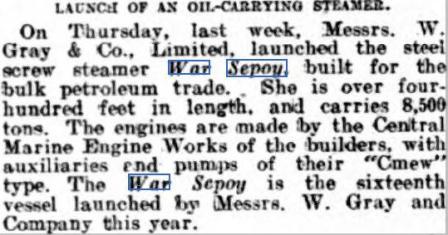 Press Report War Sepoy launch December 1918